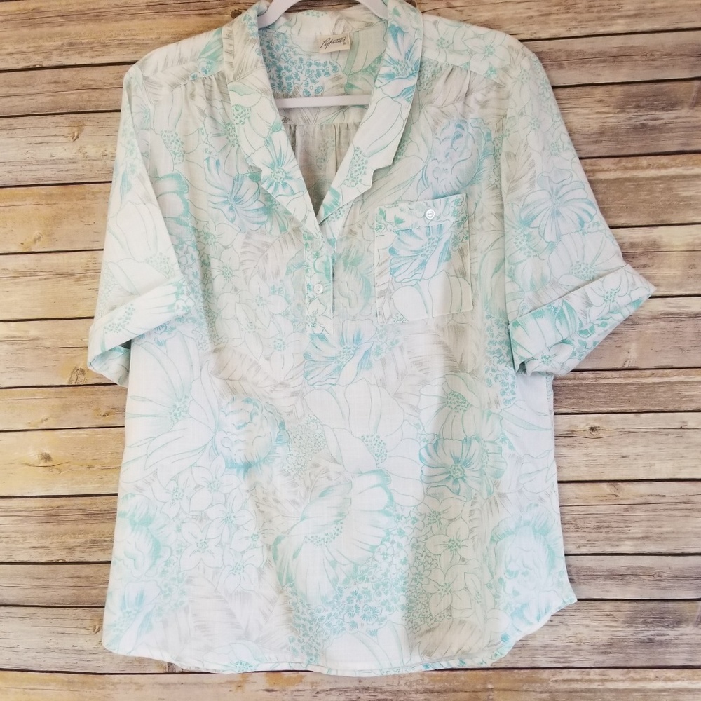 Pykettes Blue Gray White Floral Linen Blend Sz L